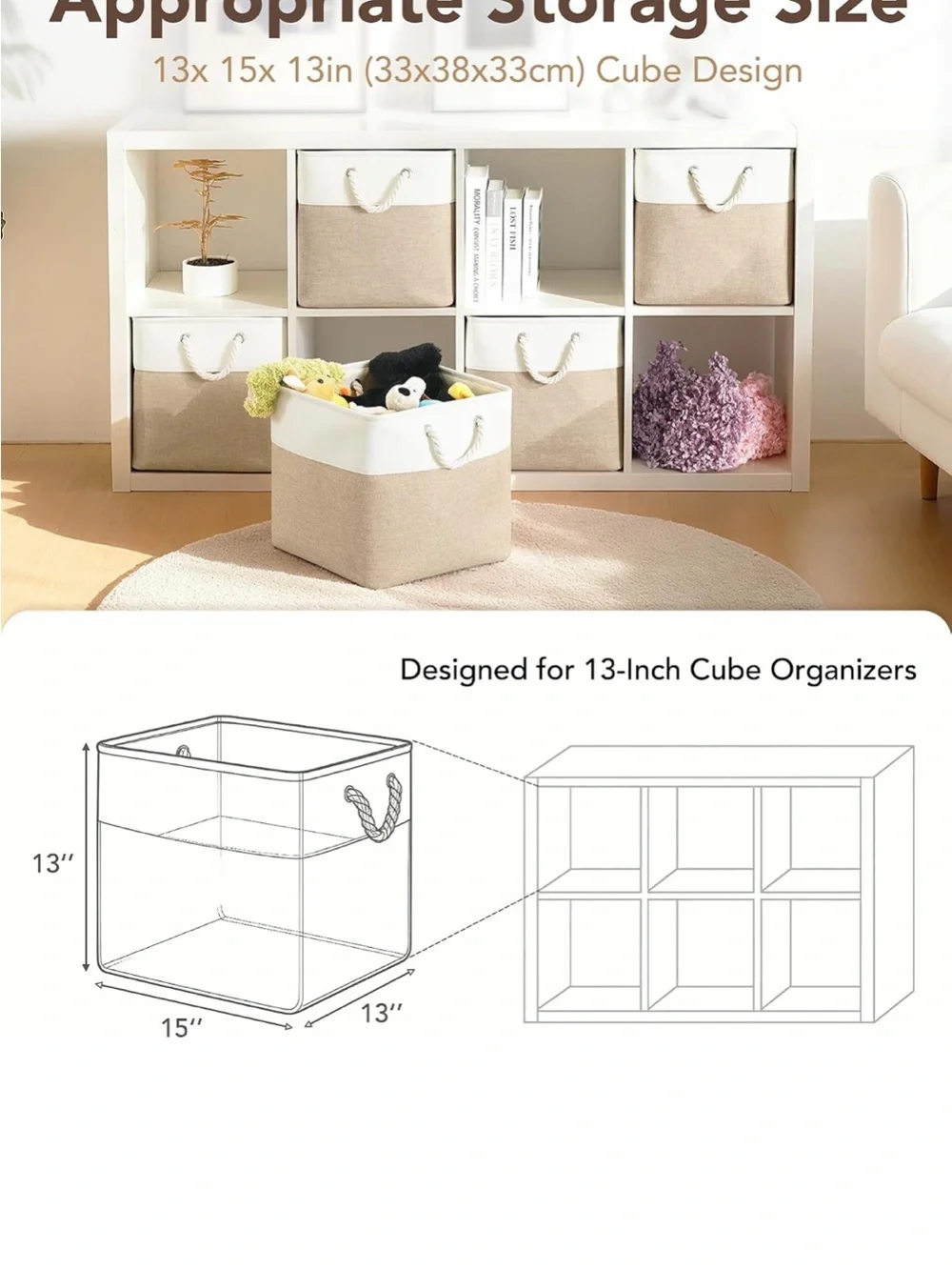 Set of 6 Two-Tone Beige and White Fabric Storage Bins with Rope Handles